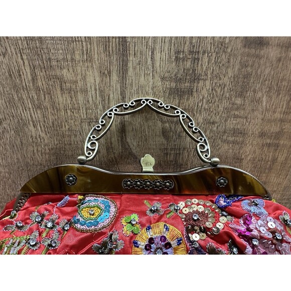 Y2K - Vintage red beaded embroidered purse with top handle and crossbody chain - Picture 7 of 14
